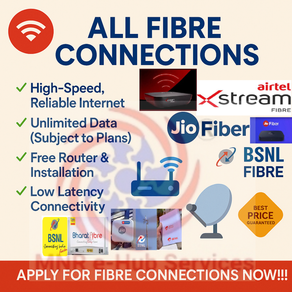 All New Fibre Connections/Relocation Fixing (Airtel Fibre, Jio Fibre with DTHs IPTV, BSNL, Inetz Cable, ACT Fibre) Available Here